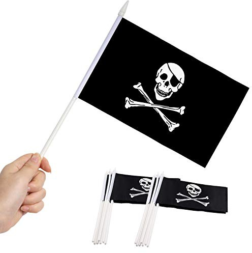 Anley Drapeau de bâton de Pirate, Jolly Roger 5x8 Pouces (12 X 20 cm) Mini Drapeau à Main avec Poteau Solide Blanc de 12 - Couleur vive et résistant à la décoloration - 5.5 x 8 Pouces