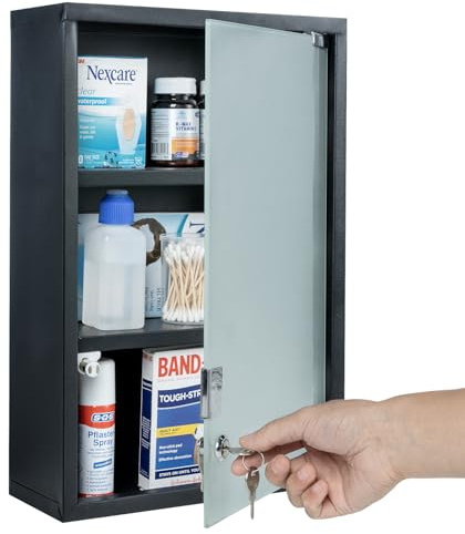 MyGift Black Bathroom Medicine Cabinet, Wall Mounted Metal Storage Cabinet with 3 Shelves, Locking Glass Door Keys