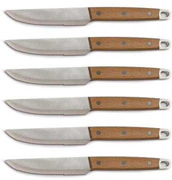 LIVOO MEC130 Steakmesser Set Holzgriff 6 Teilig Messerset Edelstahl Klingen 13 cm Wellenschliff (Pizzamesser, 6 Messer, Buchenholz Griffe Genietet, Fleischmesser, Gesamtlänge 33,5 cm)
