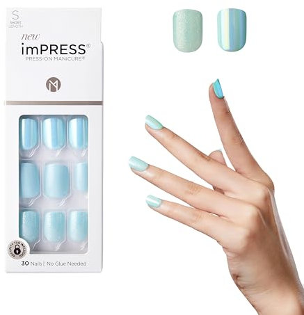 KISS imPRESS Press-On Manicure, Rain Check, Short Length Square, with PureFit Technology, Includes Prep Pad, Mini File, Cuticle Stick, and 30 Fake Nails