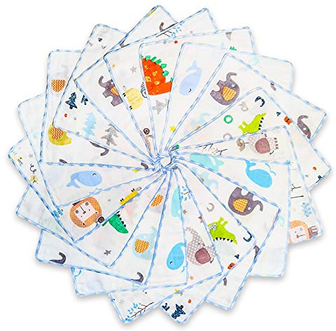 Muslin Baby Washcloths 18 Pack, Natural Cotton Infant Bath Towel, Soft Toddler Face Towel Gift Registry Newborn Baby Shower, 22x22cm, Animal World