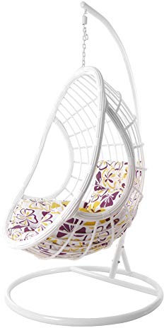 Kideo® Komplettset: großer Hängesessel mit Gestell & Kissen, Hängesessel weiß, Lounge Möbel, Poly-Rattan, weiß (Kissen: geblümt Chesterstepp (1085 Flower Love))
