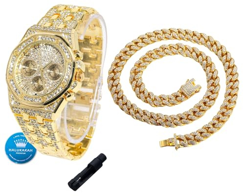 Halukakah Diamanten Gold Uhr für Jungen,Teenager - 18K Echtgold/Platin Platiniert,40mm Achteckiges Zifferblatt mit Römischen Zahlen - 20cm Länge -Optional mit Cuban Gliederkette,mit Anpassungswerkzeug