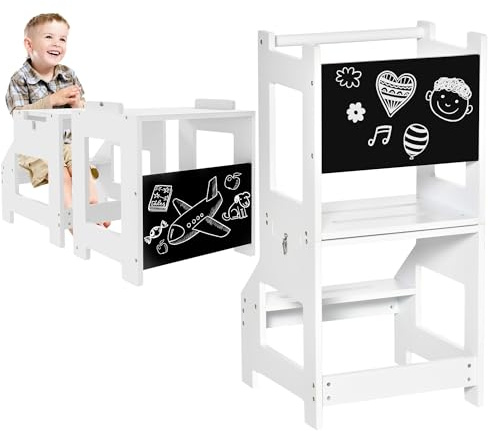 HOMCOM Scala Montessori 2 in 1 in MDF Staccabile, Torre Montessoriana per Bambini 3-6 Anni, Torre di Apprendimento con Sgabello, Lavagna, Corrimano e Parapetti inclusi, Bianco