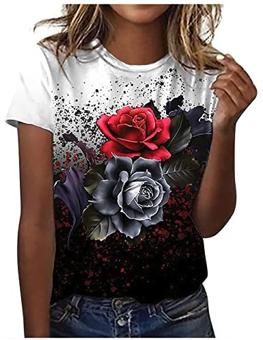 Tshirt Damen Lässige Oberteile mit 3D Rosen Schmetterlings Druck Sommer Tops Kurzärmliges T Shirt mit O Ausschnitt floralen Motiven Hemden Basic Shirt Lockere All Match Bluse Geschenk für Frauen