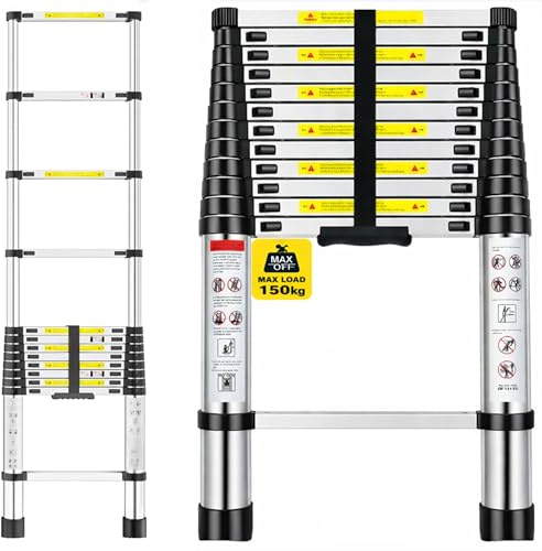 Teleskopleiter Ausziehbar aus Aluminium – 5,4m / 540cm Klappbare Anlegeleiter, rutschfeste Teleskop Leiter, Belastbar & Platzsparend, Höhenverstellbare Leiter für Haushalt & Baustelle 150kg