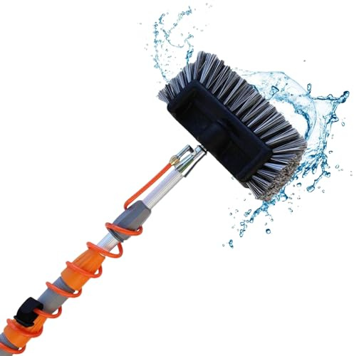 aquascopic Teleskopstange mit wasserdurchlässiger 5 Flächen Bürste und externem Wasserschlauch – Längenverstellbarer Reiniger für Fenster und Sonnenkollektoren - Bis zu 4.5m