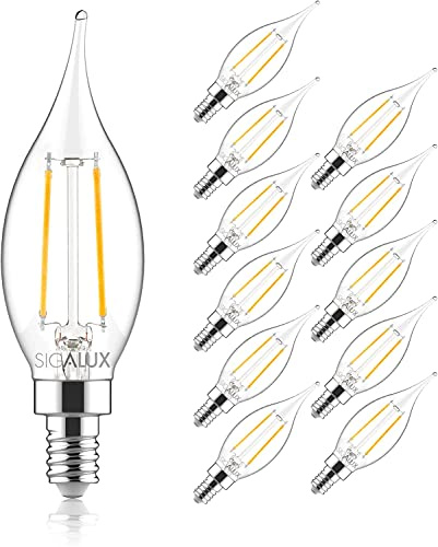 Sigalux Candelabra LED Light Bulbs Dimmable, E12 40W CA10 Flame Tip Candle, 5000K Daylight, 300LM E12 LED for Chandeliers, Ceiling Fan, Pendant, 12 Pack