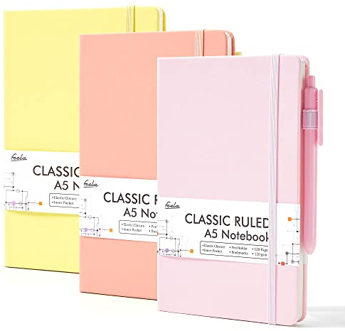 feela Anteckningsblock i A5-format, linjerat, med pärm, set med anteckningsböcker i 3 färger, journalbok med 3 svarta gelpennor, 120 GSM, 13 x 21 cm, lämpligt för kontor och skola, för barn och vuxna