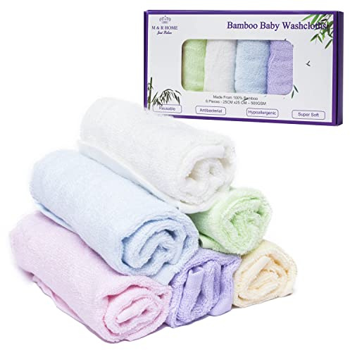M & R HOME JUST RELAX Bamboo Baby Washcloths 6 Pack - Soft Reusable Bamboo Cloths for Sensitive Skin, Absorbent Baby Bath Towels for Newborn, Kids & Adults | Flannel Gift Set