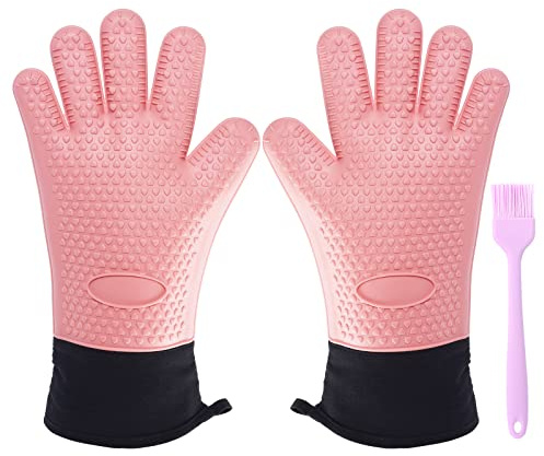 Ocves Silikon Ofenhandschuhe mit Fingern –Topfhandschuhe mit Silikon, Hitzebeständig bis 250°C, rutschfest & mit extra lang Arm – Waschbar, Grillhandschuhe für Backofen, Küche, Grillpartys (Rosa)