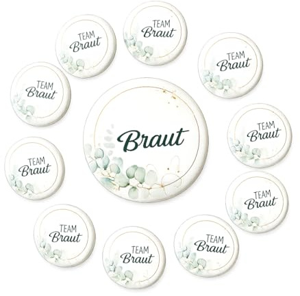 JGA-Button-Set Goldkranz Eukalyptus I 1xBraut (Ø50 mm)+ 10xTeam Braut (Ø25mm) I grün + weiß I Hochzeit JGA Party Anstecker
