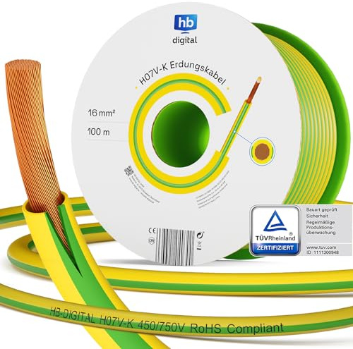 hb-digital 100m 16mm2 Cable de toma de tierra H07V-K Conductor de cobre flexible Conductor único para instalaciones fotovoltaicas Cable de energí solar Cable de PVC Cable de toma de tierra con alambre