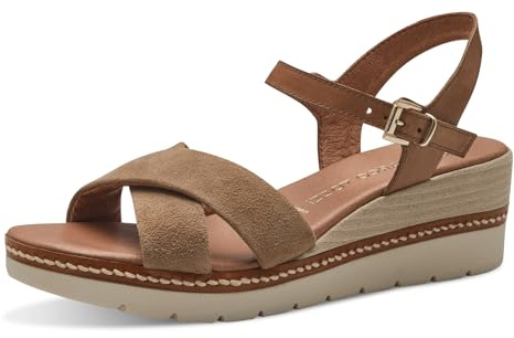 MARCO TOZZI Sandali Donna con Tacco a Zeppa con Cinturino Regolabile in Pelle, Beige (Antelope Comb), 38 EU