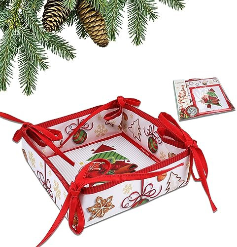 Carmani - Bolsa de almacenamiento plegable cuadrada reversible para pan, rollos, baguettes, bollos, huevos y pasteles con doble diseño y patrón de árbol de Navidad