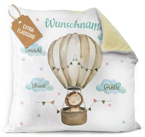 PR Print Royal Flauschiges Kissen zur Geburt - Löwe im Heißluftballon - Geschenk zur Geburt mit Name und Geburtsdaten Personalisieren | 40 x 40 cm, Rückseite Gelb Flauschig