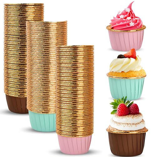 150 Pcs Tazas Desechables de Pastel para Hornear, Moldes Envoltorios para Magdalenas, Mini Vasos de papel de Pasteles, Forros de Aluminio para Cupcakes Revestimiento de Muffins para Fiesta/Navidad