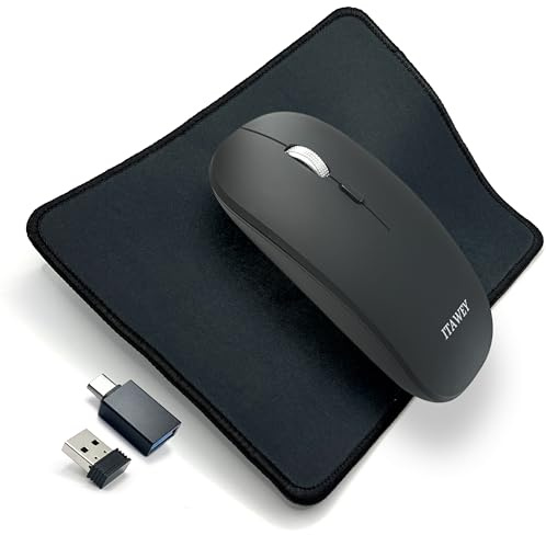 ITAWEY Ensemble souris et tapis sans fil, rechargeable, double récepteur USB 2,4 G et Bluetooth 5.2, clics silencieux, ensemble compact, 1600 DPI pour haute précision, ordinateur portable, tablette –