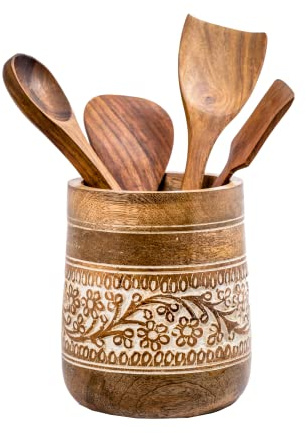 Mie Creations Farmhouse 7'' Large Utensil Holder for Kitchen Counter | Handcrafted Wooden Utensils Crock Cooking Spatula Organizer | Elegant Floral Utensil Caddy, Christmas Thanksgiving Decor- White
