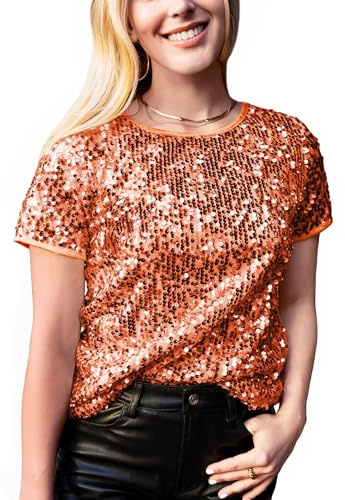 ANNA-KACI Damen Glitzer Pailletten Tops Glänzend Eimfarbig Kurzarm Shirt, Orange, Large