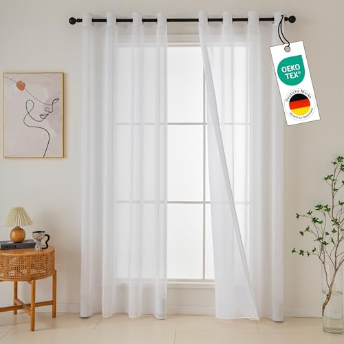 Emilie-Textil 2er Set Vorhänge mit Ösen, Oeko-TEX Zertifiziert, Transparente Gardinen aus Voile Polyester Ösenschal Transparent Wohnzimmer Luftig Dekoschal in leinen Optik Top Weiß