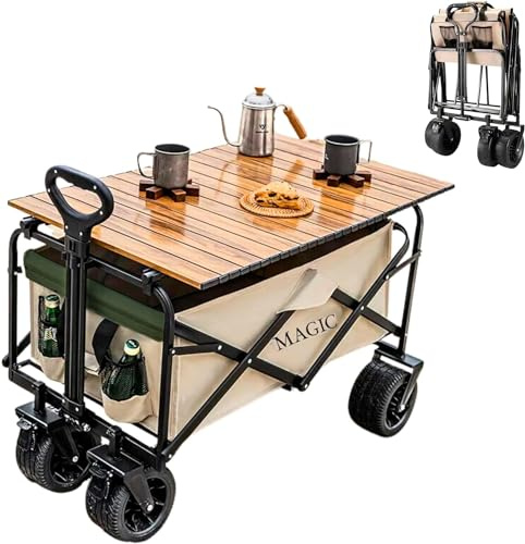 𝗦𝘁𝗿𝗮𝗻𝗱𝘃𝗮𝗴𝗻 Vikbar för Camping, Picknick, etc. Cabriolet Vagn i Trädgårdsbord. Transportvagn med Väska och Justerbart Handtag. Skottkärra med Bromsar.