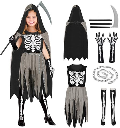 Sensenmann Kostüm Mädchen Kinder 140 146 152 mit Sense Ketten SockenGruselig Halloween Kostüm Sensenmann Kinder Mädchen 11-13 jahre Reaper Skelett Kostüm Mädchen Kleid Sensenmann Umhang mit Kapuze
