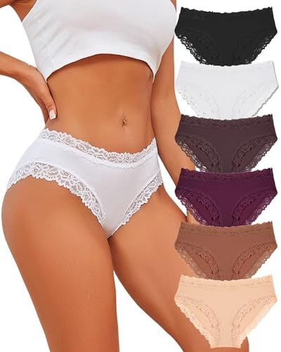 ALL OF ME 6er Pack Baumwolle Unterwäsche Damen Unterhosen Frauen Brazilian Slip Baumwoll Spitze Slips Soft Hipster Sexy Panties Unterhose Women Underwear Weich Unterhose Mehrpack S-XL