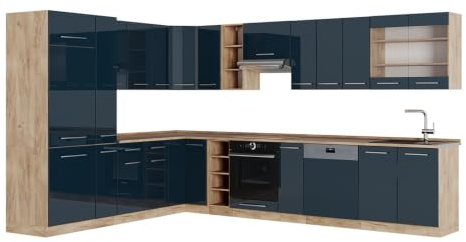 Vicco Eckküche Fame-Line, Dunkelblau Hochglanz/Eiche, 347 x 257 cm | 16 Module · Höhenverstellbare Füße · Ohne Arbeitsplatte · MDF-Fronten · Softclose · Metallgriffe