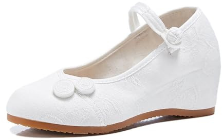 xinrishe Women's Exquisite Jacquard Embroidered Shoes Chinese Style Old Beijing Cloth Shoes Comfort Pointed Toe Hidden High Heel Wedge Shoes Casual Ankle Strap Shoes(White,5 UK)
