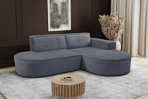 Kaiser Möbel - Ecksofa mit Wohnlandschaft, Eckcouch L-Form, Sofa 3-sitzer, Polstersofa, Bequemes Couch mit Ottomane für Wohnzimmer, Relaxsofa, Plüsch Cord, Modena Studio, Soft, Dunkelgrau, Rechts