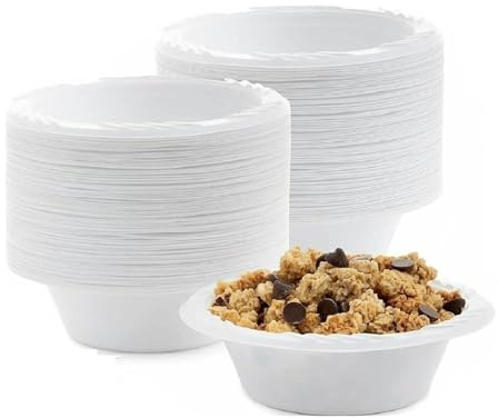 Tezraftaar® 100 x White Plastic Bowls Reusable Washable Microwaveable Dessert Party Bowl 8oz for Picnic Camping Christmas Parties Camping