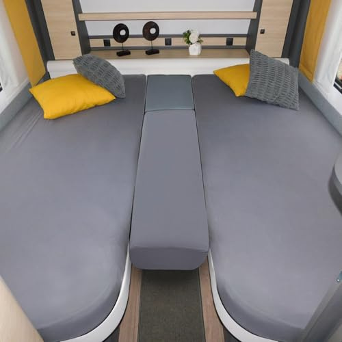 YedZen 3 Teilig Spannbettlaken Wohnmobil, 2X(70x190cm-85x210cm) +1x(35x130cm-50x145cm), 360° Elastikrand, 97% Baumwolle + 3% Elasthan, Grau für Wohnwagen Heckbett