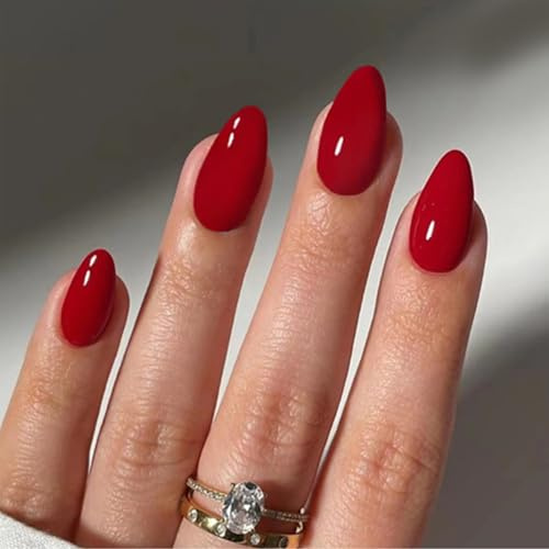 Mrltau 24 Pcs Press-On Nails Almond, Fingernägel zum Aufkleben, Kunstnägel, Fake Nails Kurz (Rot)