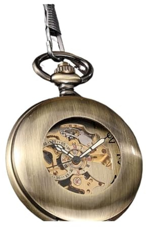 NVYRFS Vintage Bronze Skelett Handaufzug mechanische Taschenuhr Herren Steampuk Anhänger Uhrenkette mit arabischen Ziffern