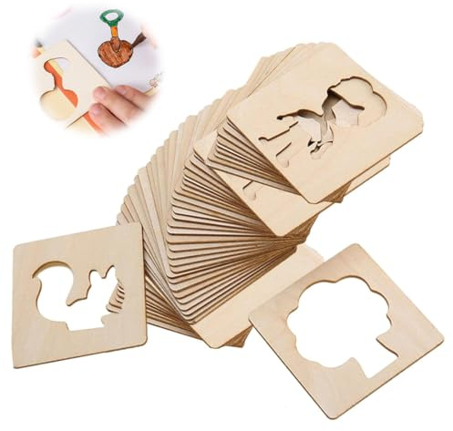 Duoleimi Zeichenschablonen Kinder - Set mit 60 Malschablonen, Holz Kreideschablonen, pädagogische DIY-Malschablonen für Kinder, ideal für Kunsthandwerk und Malvorlagen.