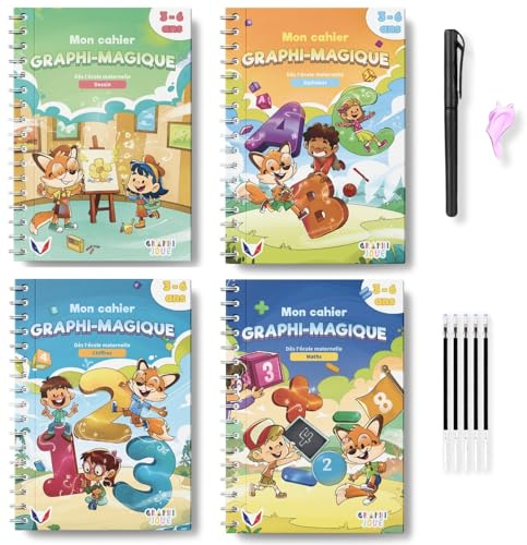 GRAPHIJOUE 4 Cahier ECRITURE MATERNELLE, CP - KIT CALLIGRAPHIE ENFANT, APPRENDRE À ECRIRE À 3 ANS, ALPHABET, DESSIN, CHIFFRES, 1 STYLO MAGIQUE EFFAÇABLE +5 RECHARGES + Guide doigts Correcteur