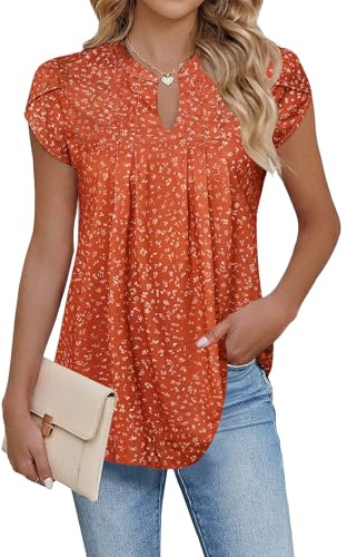 Cuptacc Blouse Femme Manche Courte Fleurs Tee Shirt Femme Col V Mode Basique Chemisier T Shirt Rouge Floral, XL 46-48