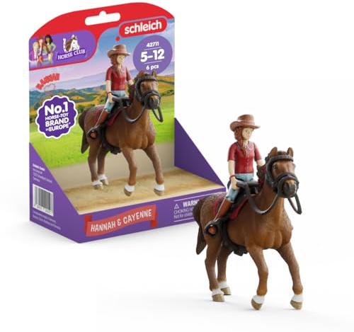 schleich HORSE CLUB | Hannah & Cayenne 42711 | ab 5 Jahren | 6 Teile | bewegliche Mädchenfigur | mit Pferde Zubehör | tolles Geschenk für Mädchen und Jungen | 6-teiliges Spielset