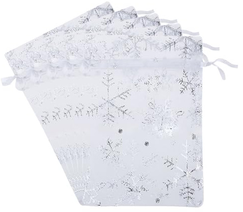 Organzabeutel mit Kordelzug, kleine Netz-Geschenkbeutel, Schneeflocken-Geschenkbeutel, Glitzer, 10 x 15 cm, transparent, Schmuckbeutel für Leckereien, Weiß, 100 Stück