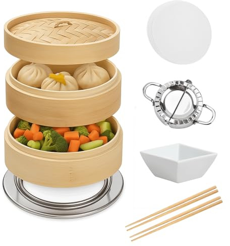 FLUX MART – Premium 10-Inch Bamboo Steamer Basket Set – 2-Tier Dumpling Steam with Lid, Ring Adapter, Chopsticks, Liners & Sauce Dish – Natural Steamer for Vegetables, Bao, and Asian Cooking