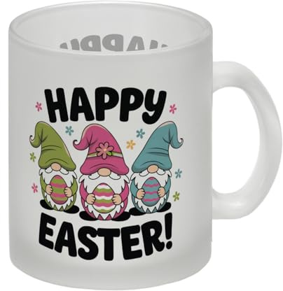 Drei Wichtel mit Ostereiern - Happy Easter Glas Tasse Gnome in grünem pinkem blauem Hut halten bunte Ostereier