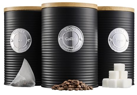 Cooks Professional 3 Piece Ribbed Tea, Coffee, & Sugar Cannisters with Air-Tight Bamboo Lids | Stainless Steel Kitchen Storage Bin Set | Modern & Stylish | Black & Silver