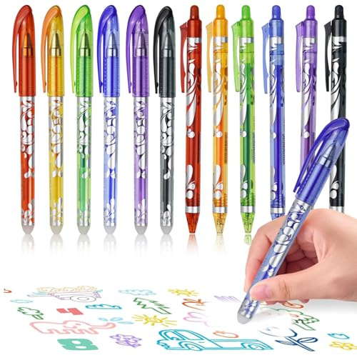 12 st. raderbar kulspetspenna för radering, 0,5 mm gelpennor suddbara, 6 färger raderbara pennor för att gradera, påfyllningsbart raderstift, raderbara pennor för skolsaker kontorsbruk student