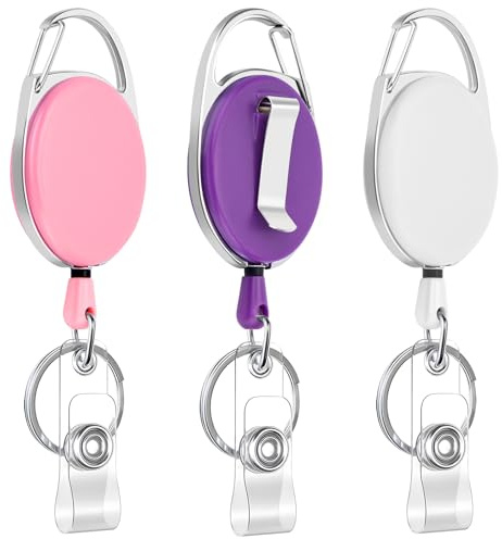 JEFURE Retractable Badge Reel, 3 Pcs, Pink, White, Purple