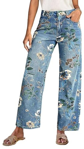 Jeans da donna vintage con ricamo floreale a gamba dritta, pantaloni estivi leggeri in denim con comfort elasticizzato, pantaloni casual a vita alta a gamba larga per abiti boho chic, BU1., L