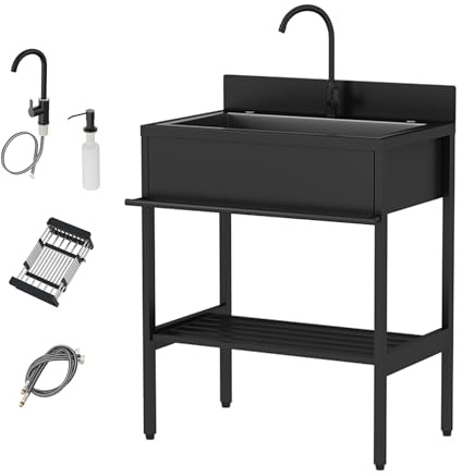 Lavandino da Esterno in Acciaio Inox,Lavello da Cucina Portatile con Mobile,Lavabo Nero da Giardino 1 vasche Autoportante,con Rubinetti Freddi e Caldi,per Lavanderia,Ristorante,Commerciale(66x51x94cm)