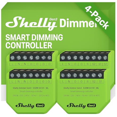 Shelly Dimmer Gen3 4-pack WLAN smart dimmer, hemautomatisering, dimbara lampor, LED-remsor, ingen neutral ledare krävs för smarta scheman, ingen hubb krävs för att passa iOS- och Android, Alexa