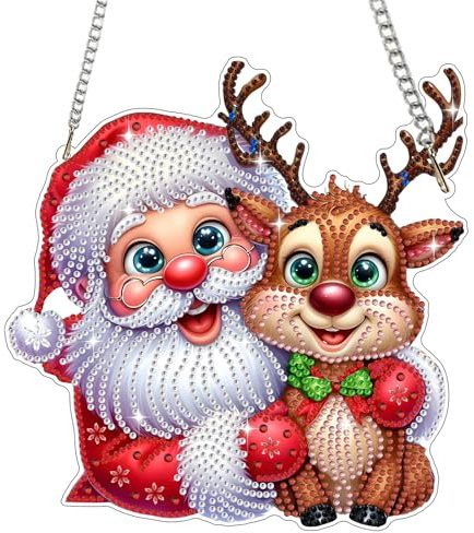Bowetile Diamond Painting Anhänger Weihnachtsmann und Rentiere, Diamond Painting Fensterbilder für Erwachsene, Kinder Hängende Ornament Motive Bastelset für Wand Fenster Garten, Decor Geschenk
