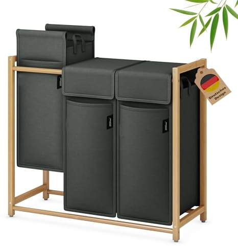 XMHome Wäschekorb 148L mit 3x49L Fächern Bambus Wäschesammler mit Deckel | Wäschesortierer mit herausnehmbaren Taschen, rechteckige Wäschebox für Schlafzimmer, Bad & Waschküche Dunkelgrau